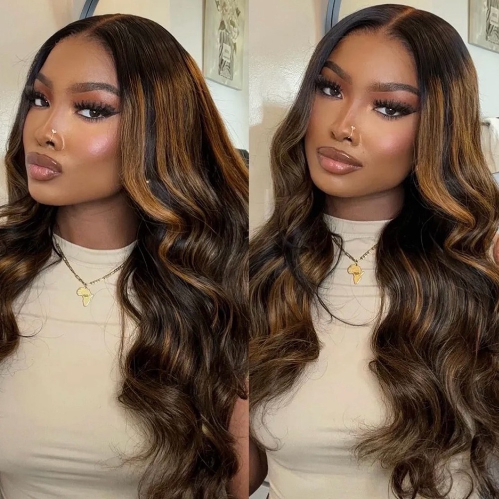 18” Highlight Honey Brown Body Wave 6×5 Glueless HD Lace Front Wigs Human Hair